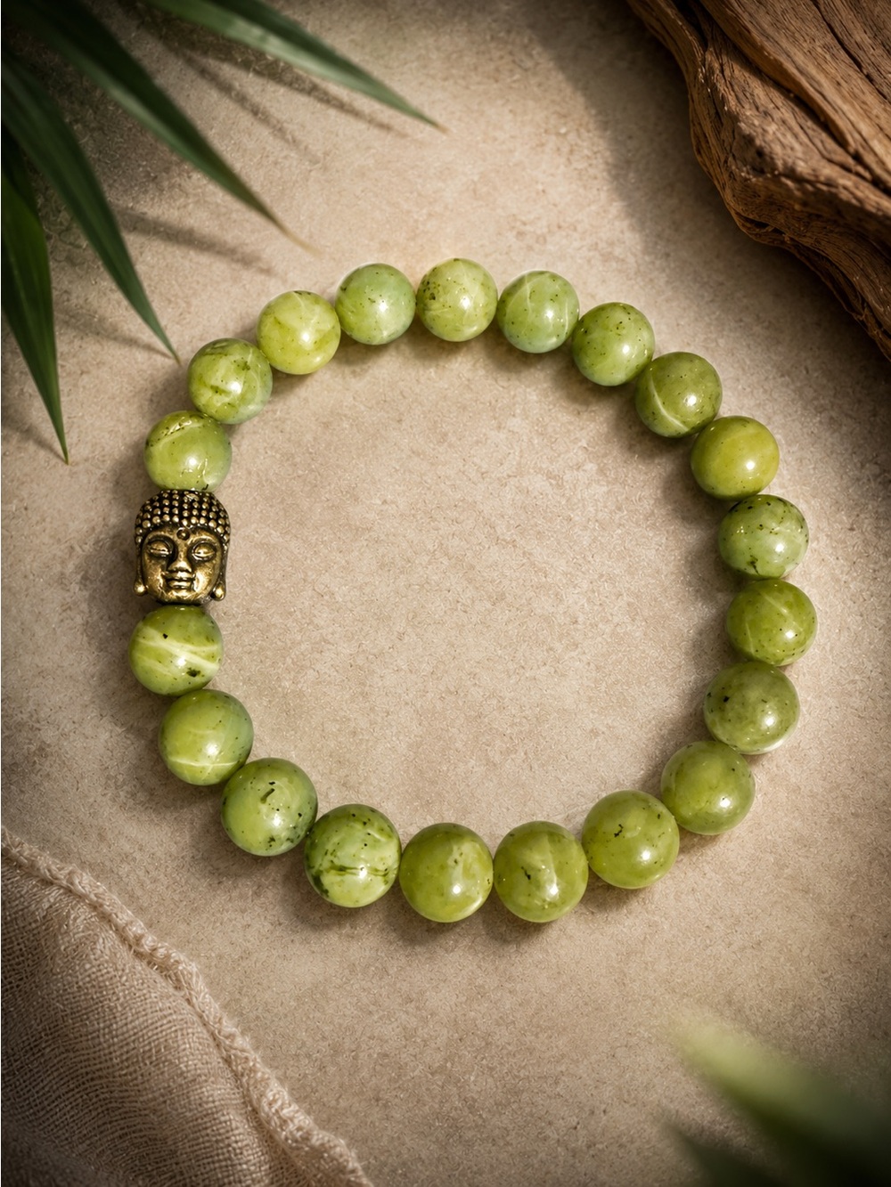 Green Jade Beaded Bracelet with Buddha Charm